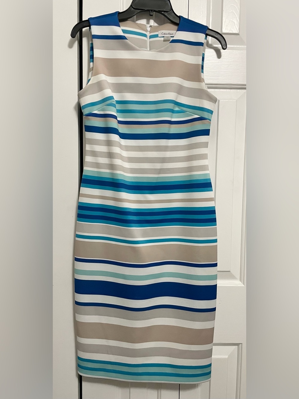 Calvin Klein Striped Strapless Sheath Dress in Blue, Teal & Cream